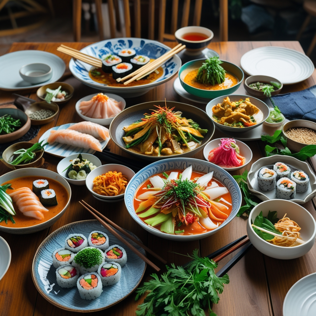 SpreadA vibrant spread of various Asian dishes, including sushi, dumplings, and curry