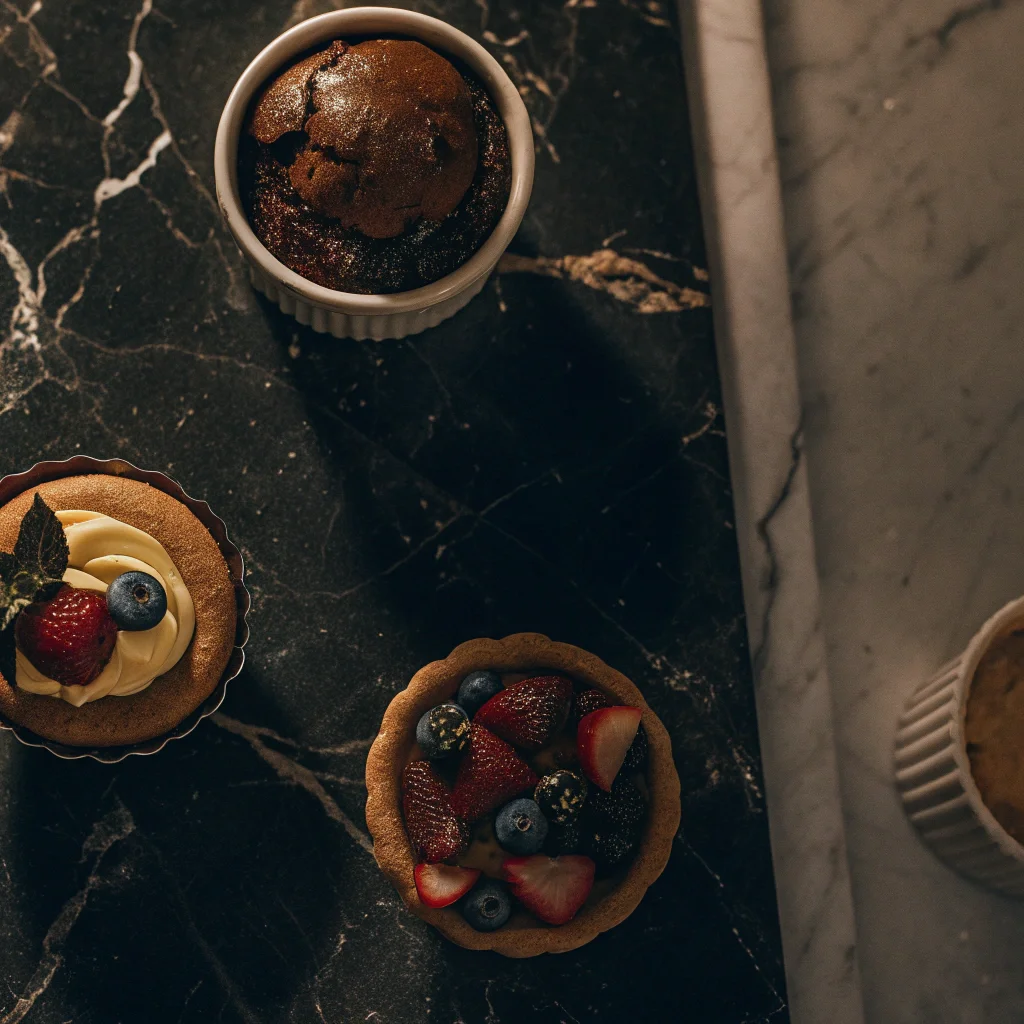 Overhead shot of quick and easy desserts arranged on a marble surface: mug cake, fruit parfait, mini tart