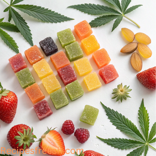 Assorted weed gummies in various shapes and colors