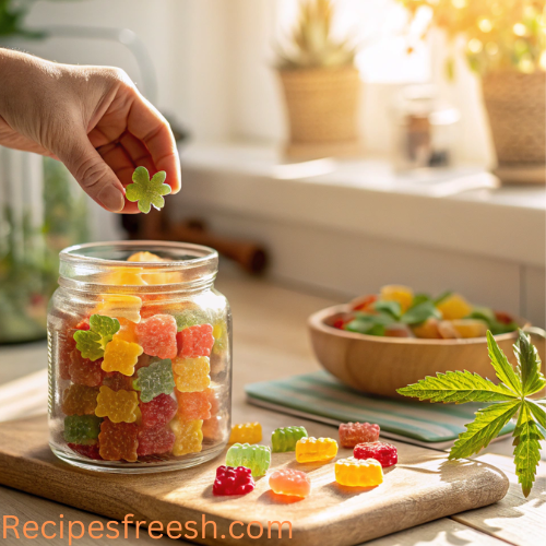 A hand reaching for a gummy from a jar