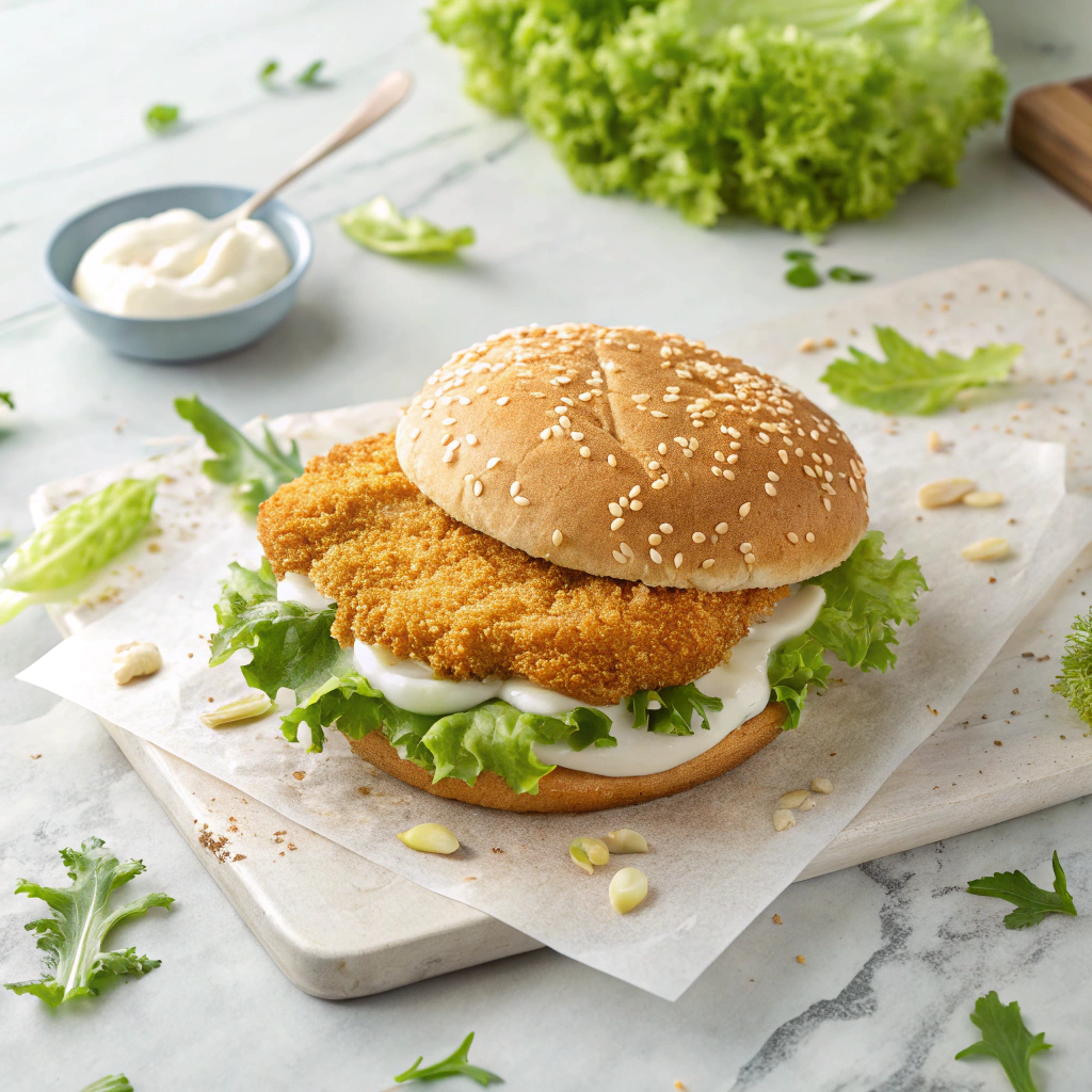 A bright overhead shot of a crispy BK Original Chicken Sandwich on a sesame bun, highlighting Burger King Chicken Sandwich Nutrition.