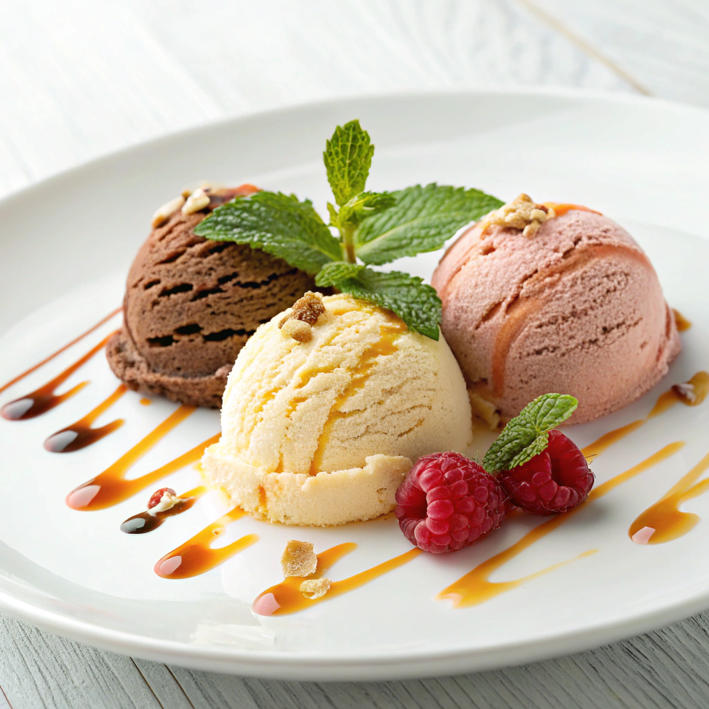 Three scoops of homemade healthy ice cream in different flavors (chocolate, vanilla, and berry) with garnishes