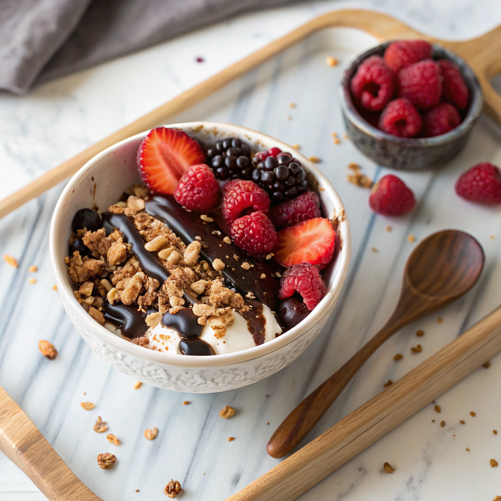 Featured image of homemade healthy ice cream topped with berries and dark chocolate drizzle