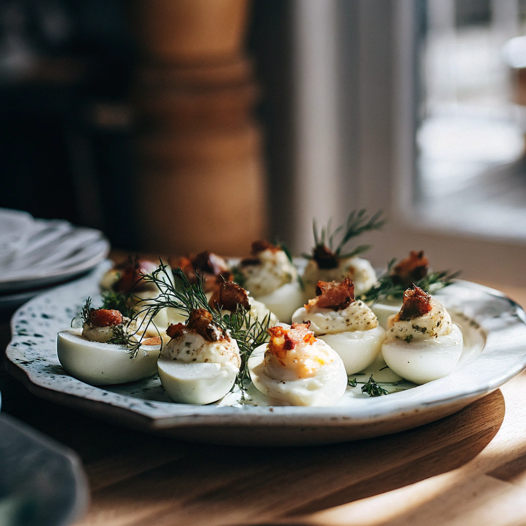 A close-up shot of deviled eggs garnished with fresh herbs, bacon, and paprika, served in a rustic setting.