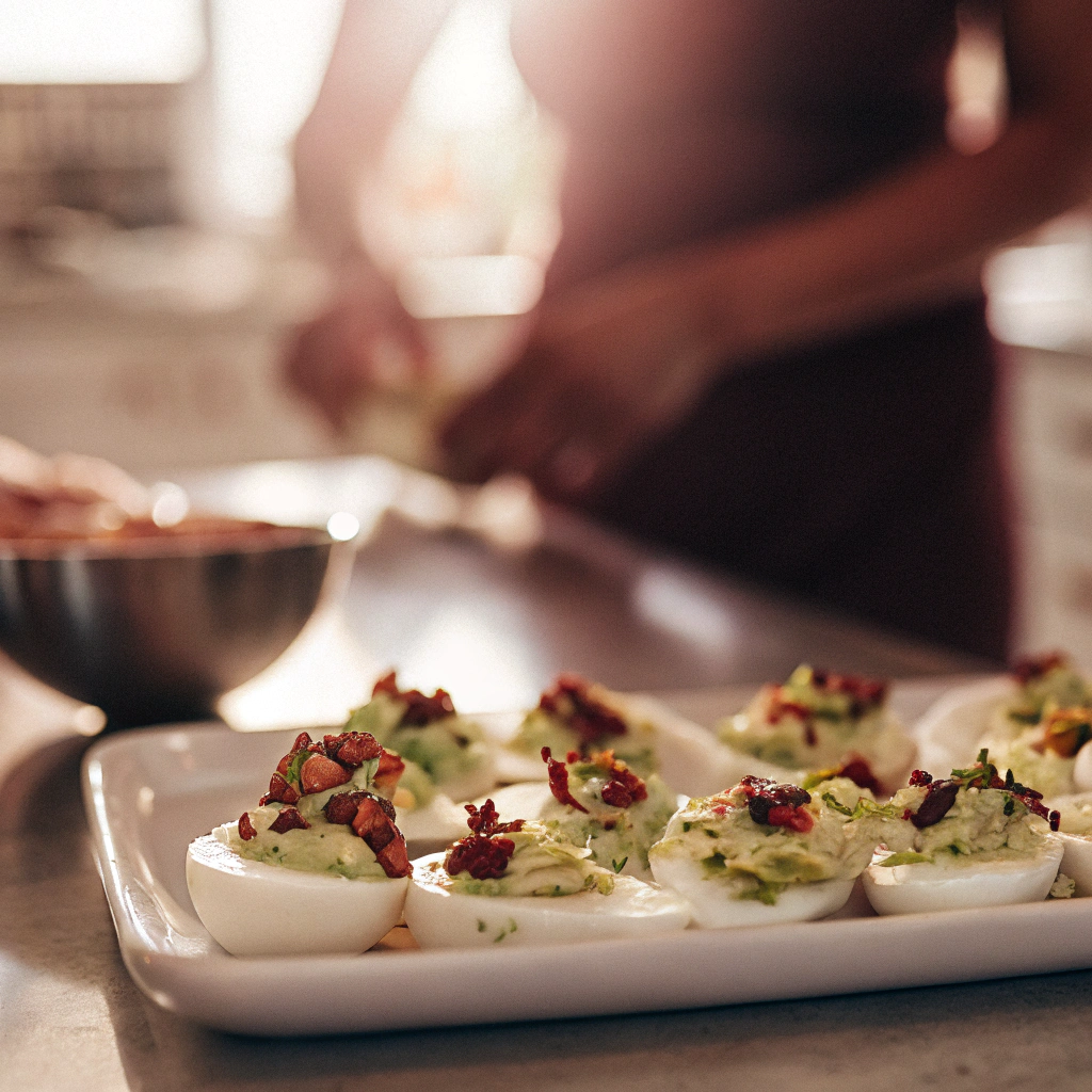 A close-up shot of gourmet deviled eggs with unique ingredients, like avocado or bacon, served on a stylish plate.