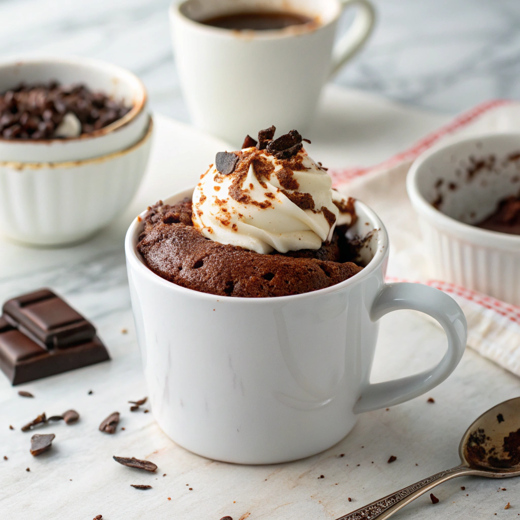 Gooey single-serve molten chocolate mug cake topped with whipped cream, highlighting a rich chocolate flavor and quick dessert recipe.