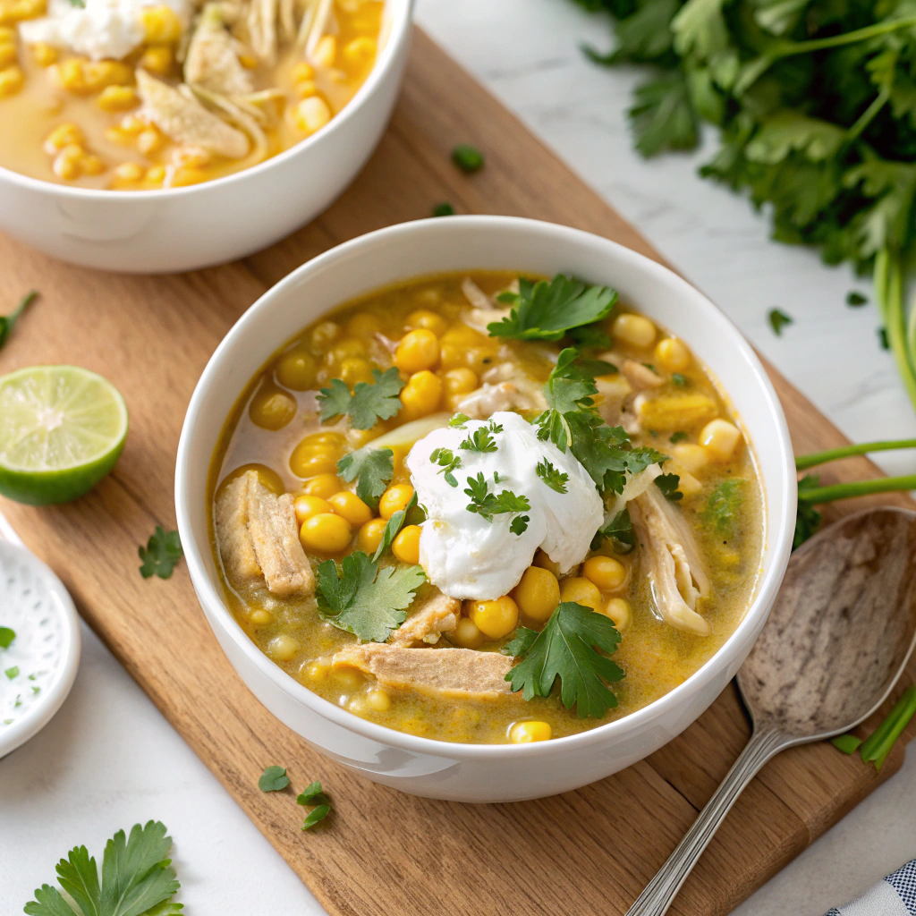 A close-up of a bowl of chicken corn soup with a creamy texture, topped with fresh herbs