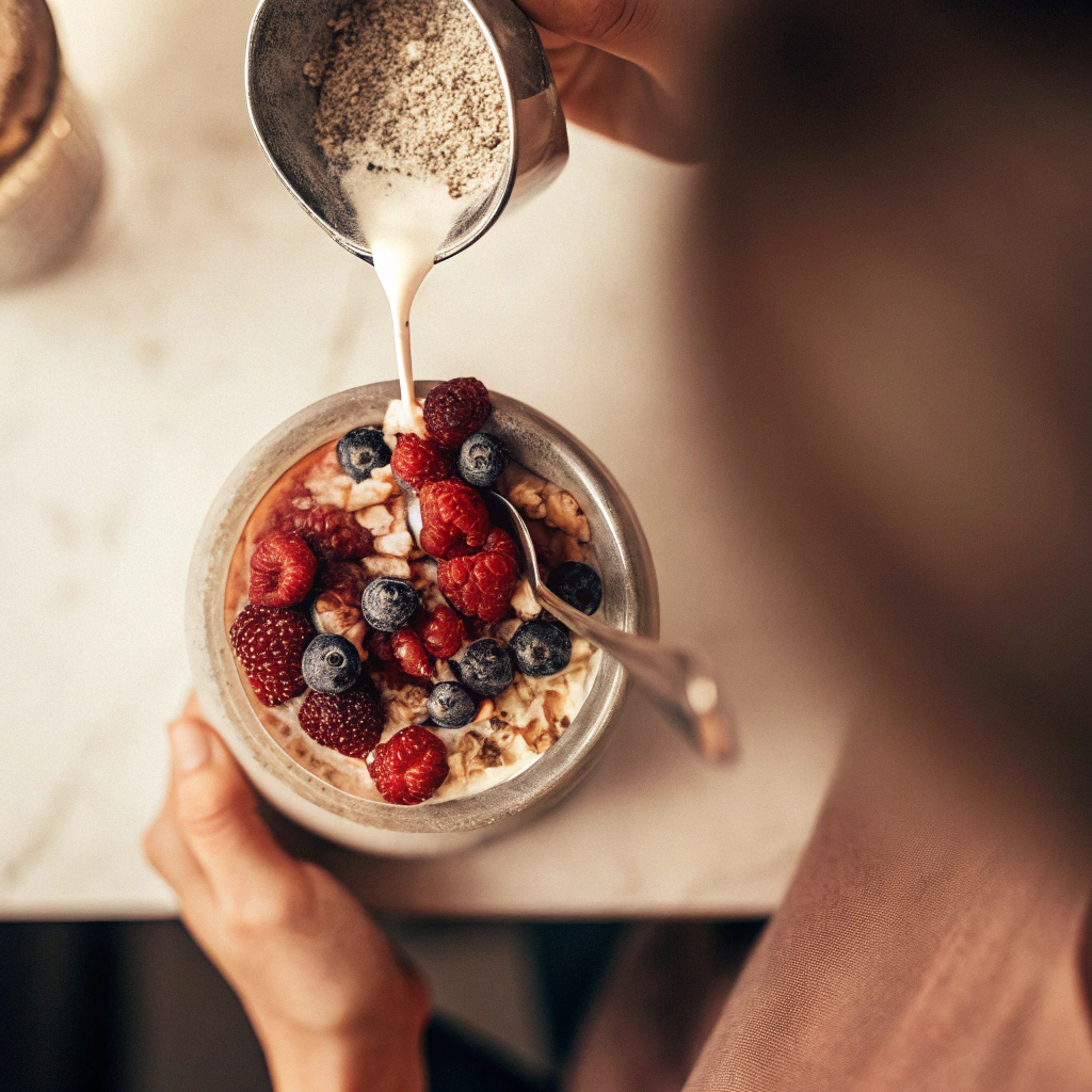 A cup of MUSH overnight oats with chia seeds, berries, and almond milk