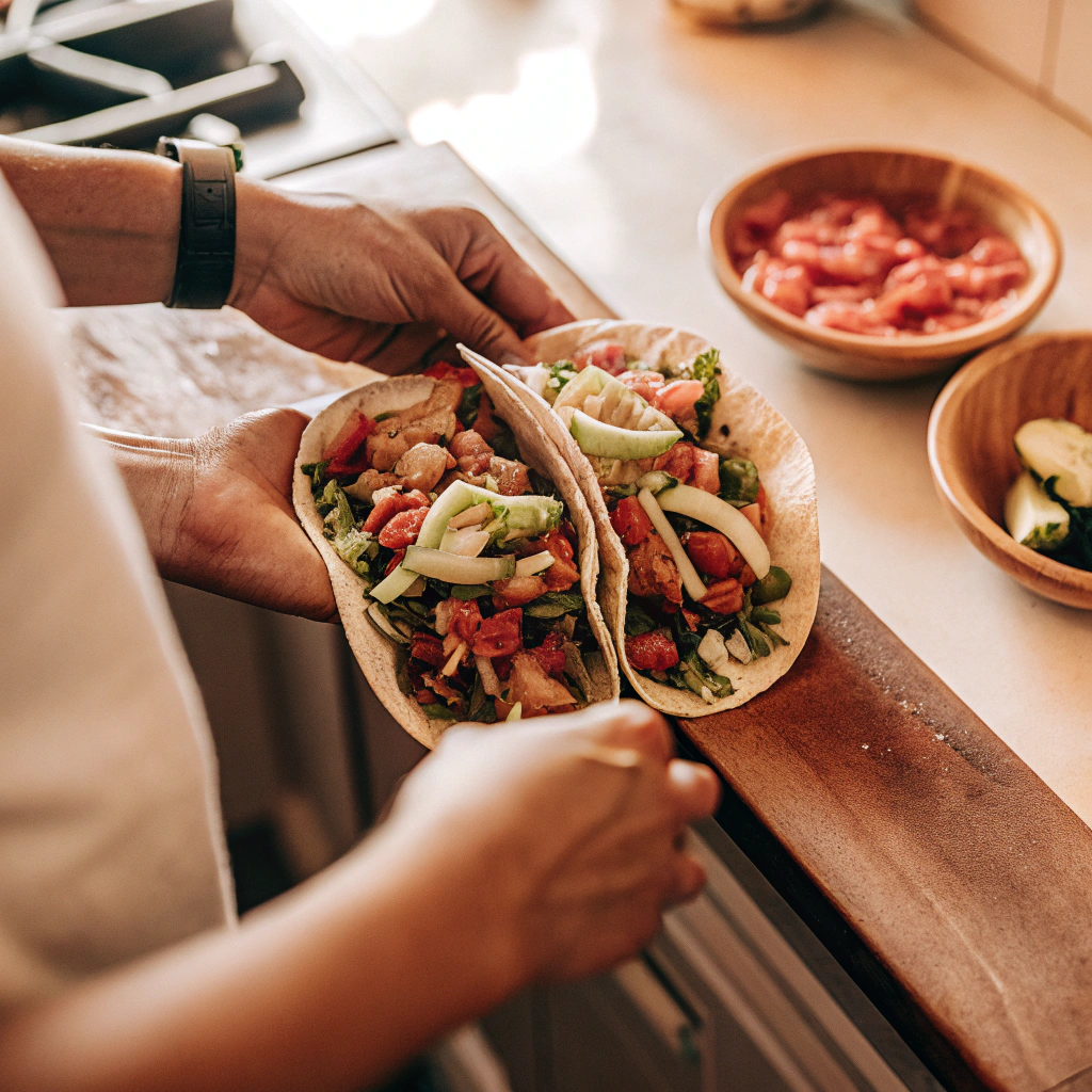 A vibrant plate of gluten-free tacos with seasoned beef, grilled chicken, and fresh veggies, including avocado, tomatoes, and lettuce.