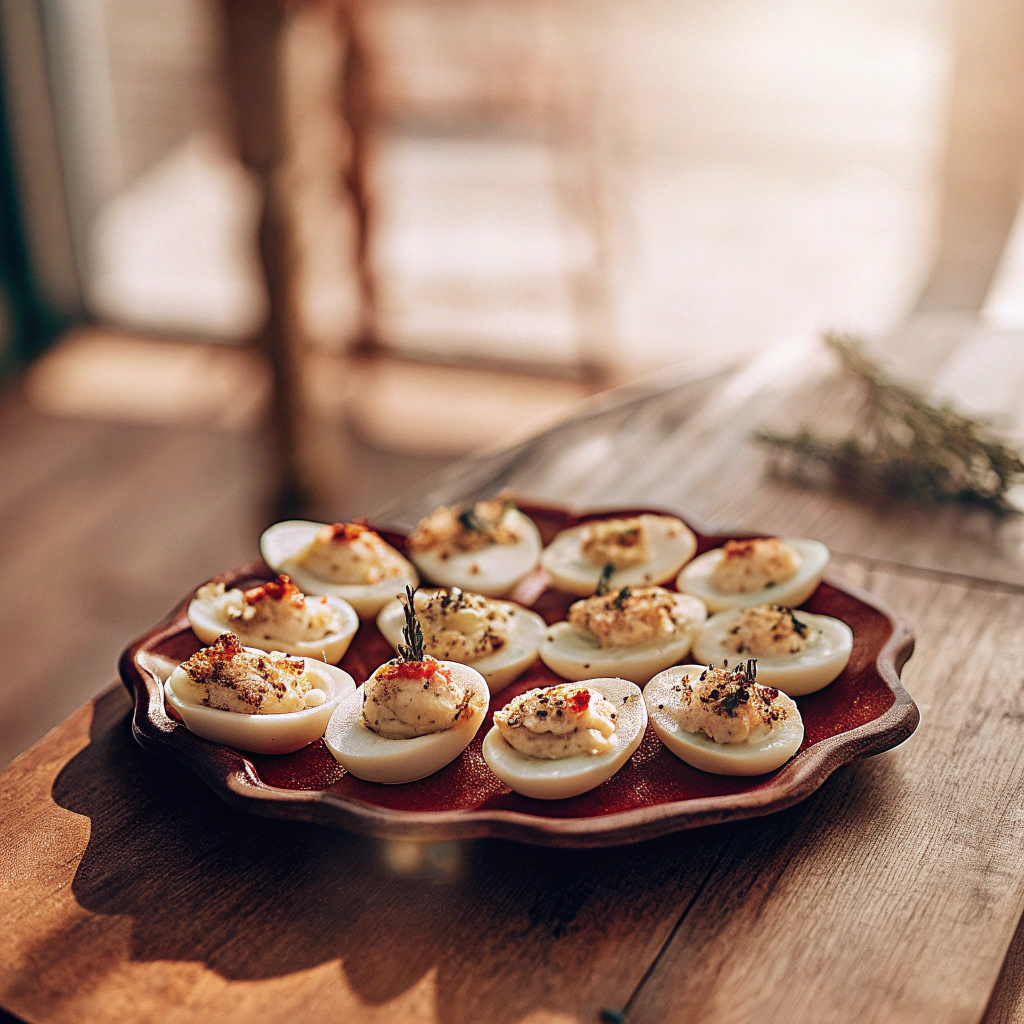 Close-up of deviled eggs on a serving platter, garnished with paprika, herbs, and a dash of paprika.