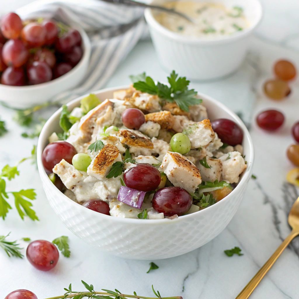 SCENE: A bowl of chicken salad chick grape salad with juicy red grapes, crispy chicken, and a creamy dressing, garnished with fresh herbs