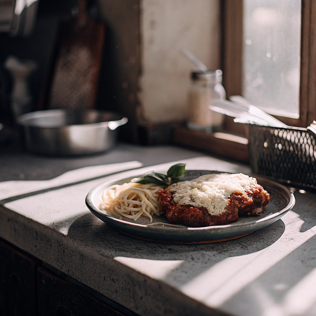 A plate of gluten-free chicken parmesan with crispy breadcrumbs, marinara sauce, melted cheese, and a side of gluten-free spaghetti.