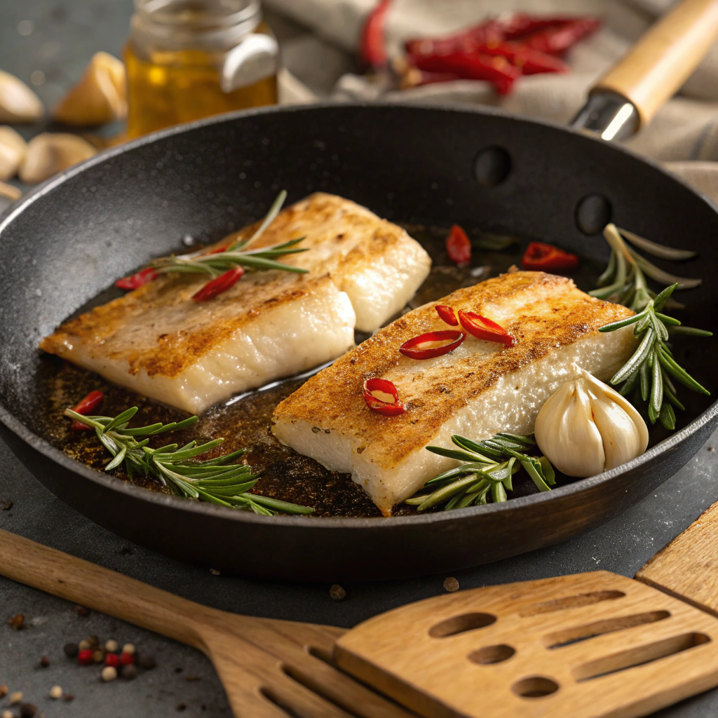  Pan-fried pollock fillets sizzling with herbs and garlic in a non-stick skillet