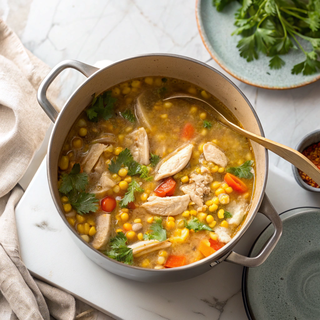 Cooking chicken corn soup in a pot with vegetables and broth simmering