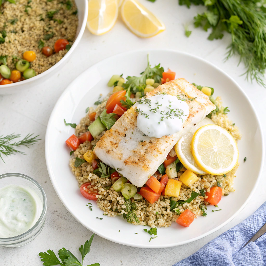 Overhead photo of pollock on quinoa salad with yogurt dill sauce