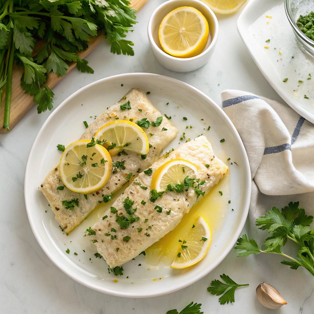 Overhead shot of baked pollock fillets seasoned with lemon and herbs