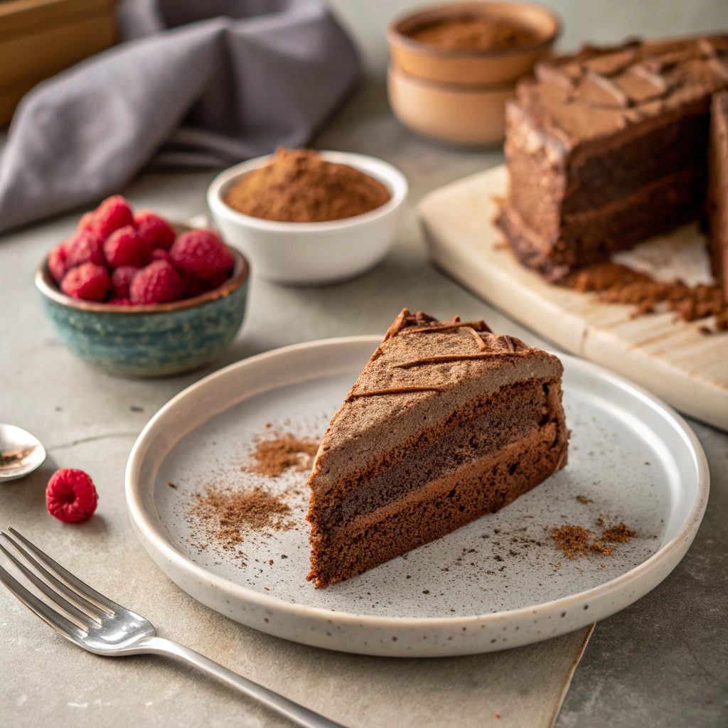 Close-up slice of moist Matilda chocolate cake layered with creamy buttercream