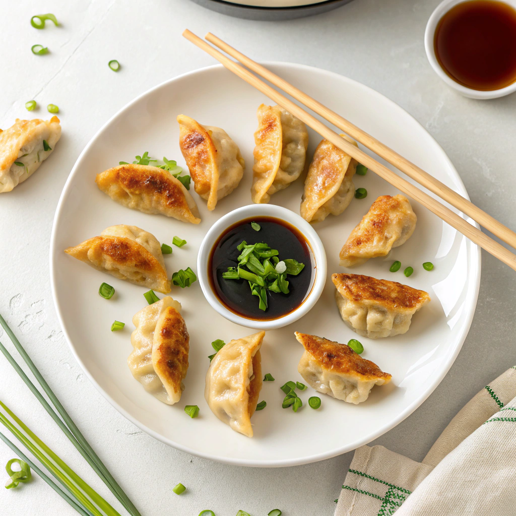 Overhead view of crispy Ajinomoto Gyoza with dipping sauce on a white plate