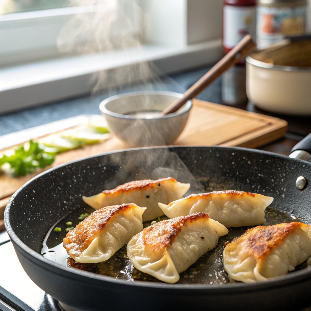 Close-up of crispy Ajinomoto Gyoza sizzling in a pan with steam rising