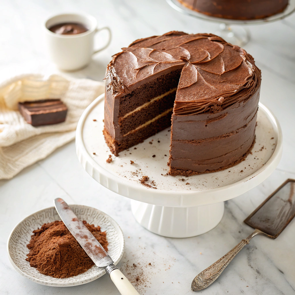 Overhead shot of a decadent Matilda chocolate cake topped with rich ganache