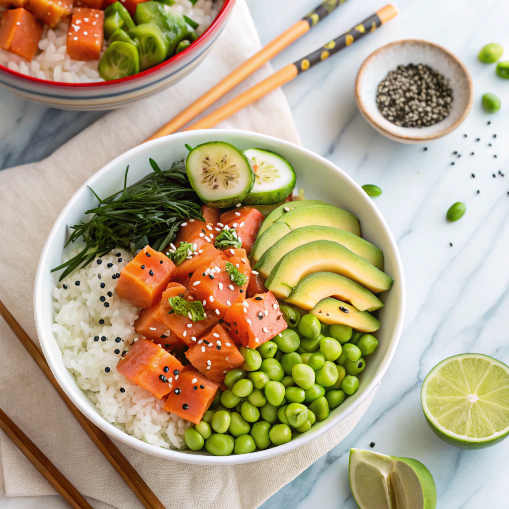 Overhead shot of a vibrant salmon poke recipe bowl with fresh ingredients and Hawaiian flair